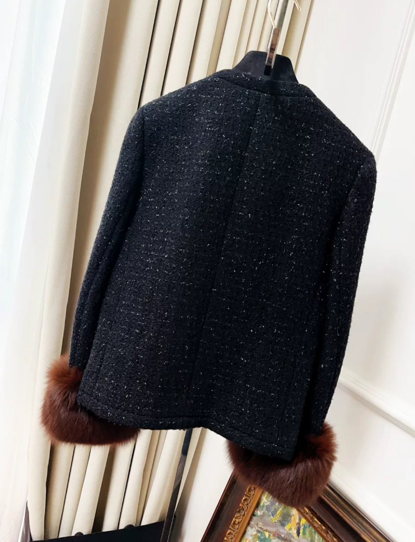 Saint Laurent Black Tweed & Fur Jacket