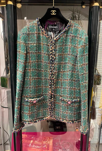 Chanel 23A Green, Orange & Blue Tweed Long Sleeve Jacket with Braided Detail & CC Buttons size 36