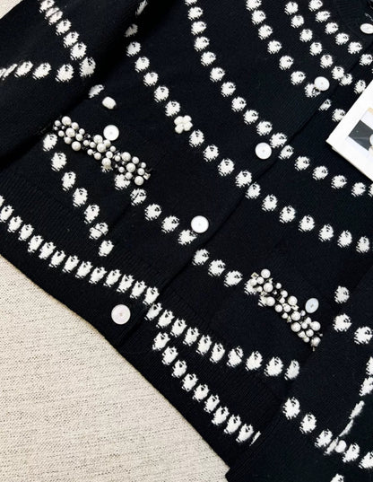 Chanel 25P Black & White Cashmere Embroidered Cardigan