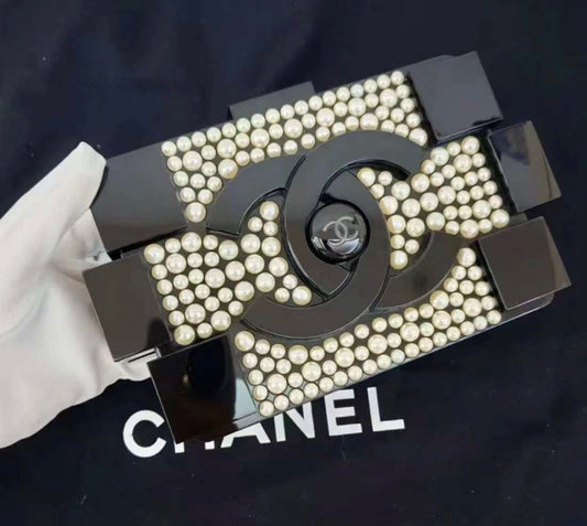 Chanel Black Lucite and White Pearl Lego Brick Clutch Black Hardware, 2014