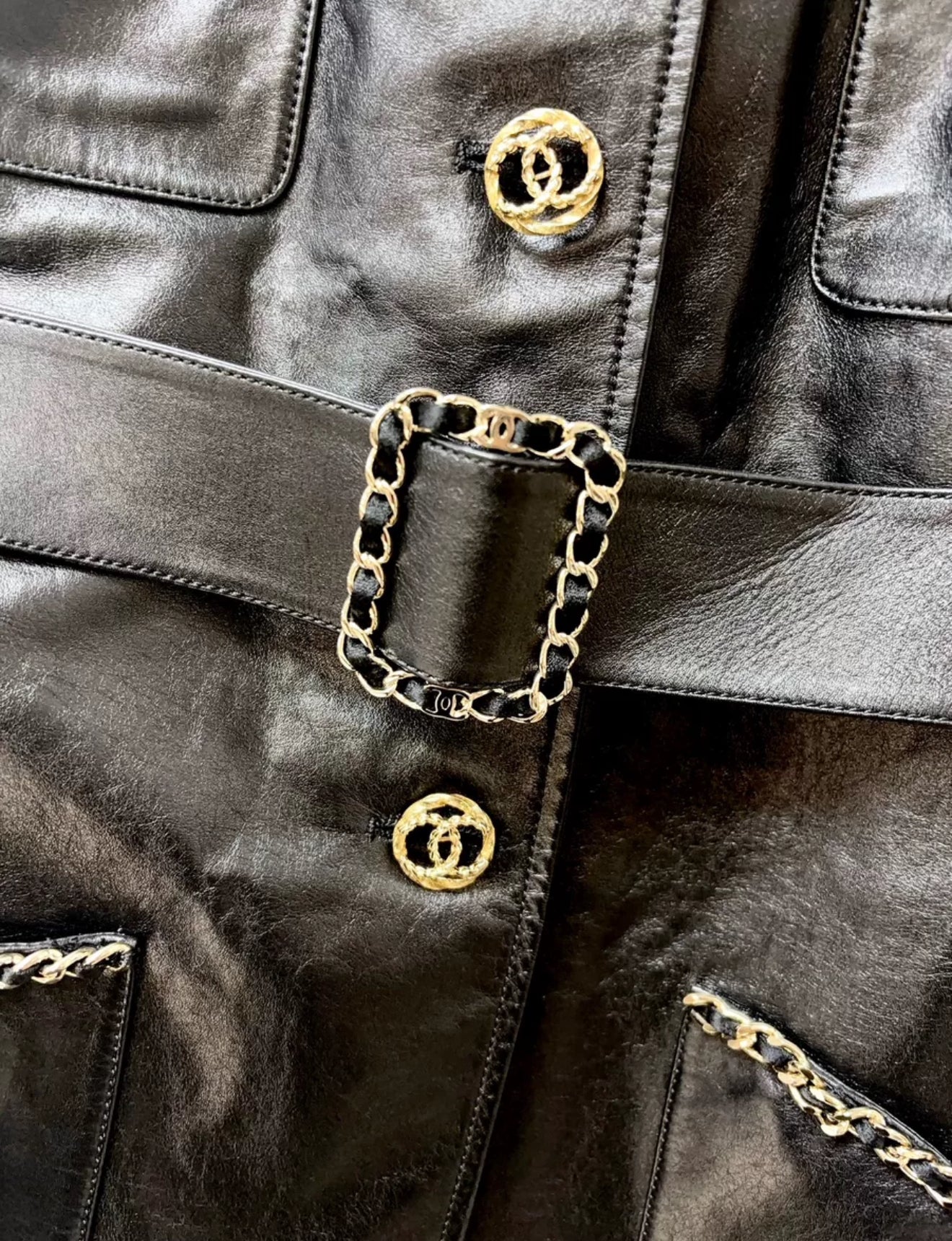 Chanel 23B Long Four-Pocket Leather Chain Jacket with Belt