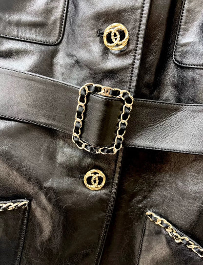 Chanel 23B Long Four-Pocket Leather Chain Jacket with Belt
