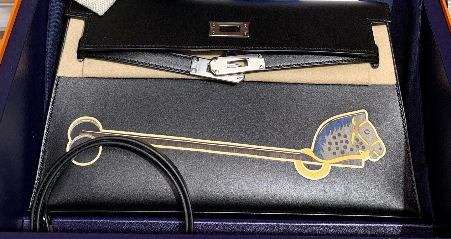Hermès Kelly Elan "Cheval De Bois" Black and Multi Tadelakt Palladium Hardware
