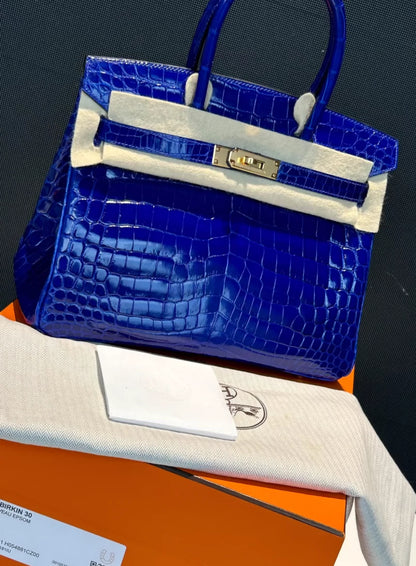 Hermes Birkin30 Electric Blue Shiny Crocodile Leather Gold Hardware