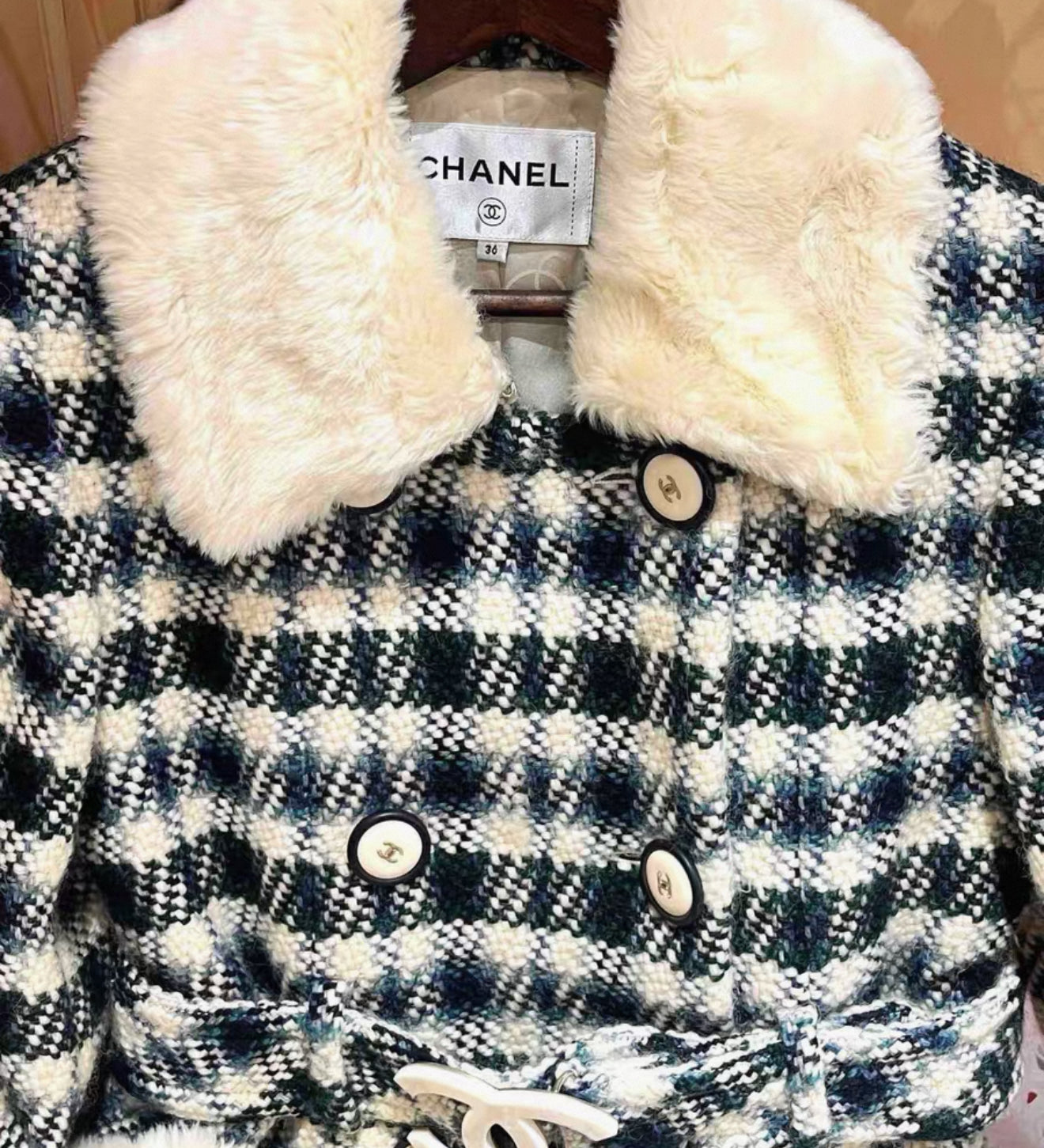 Chanel 2017 white/Blue/Green Check Tweed Coat
