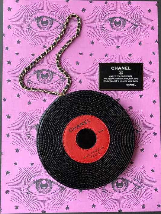 Chanel Black x Red Vinyl Record Motif LP Disc Chain Clutch Bag