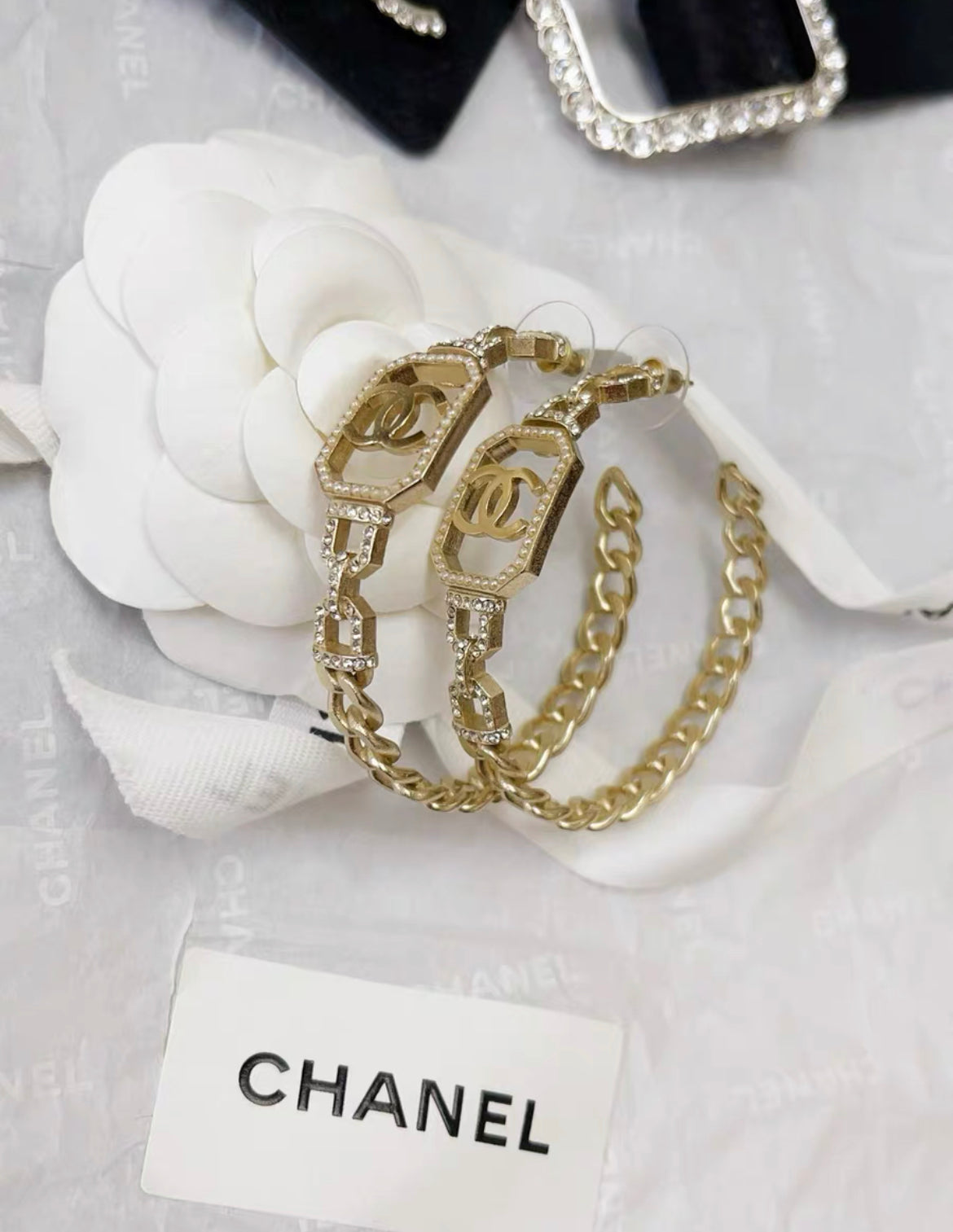 Chanel gold CC chain diamond hoop earrings