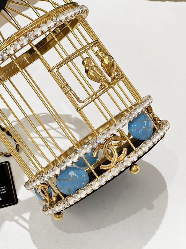 Chanel 20A Metal Crystal Enamel CC Love Bird Cage Minaudiere Clutch Black & Gold Multicolor