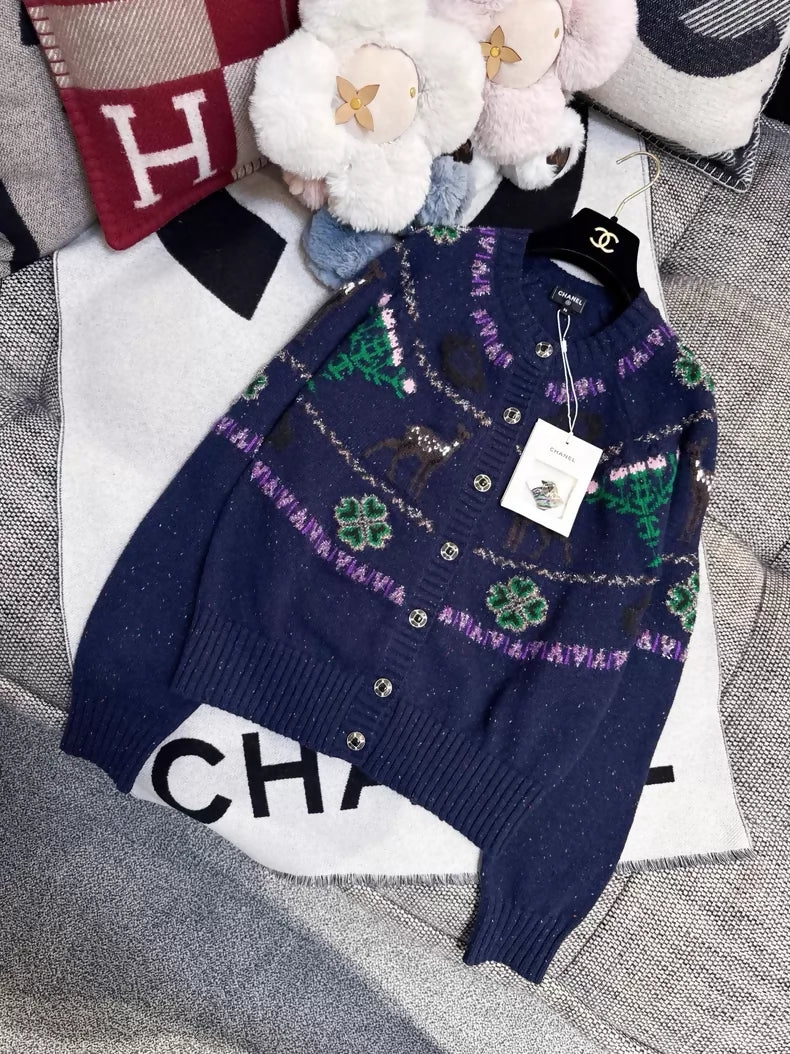 Chanel 25n Coco Neige Ski Collection navy blue knit cardigan