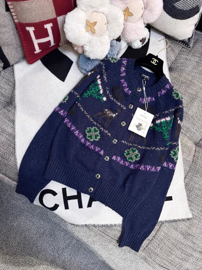 Chanel 25n Coco Neige Ski Collection navy blue knit cardigan