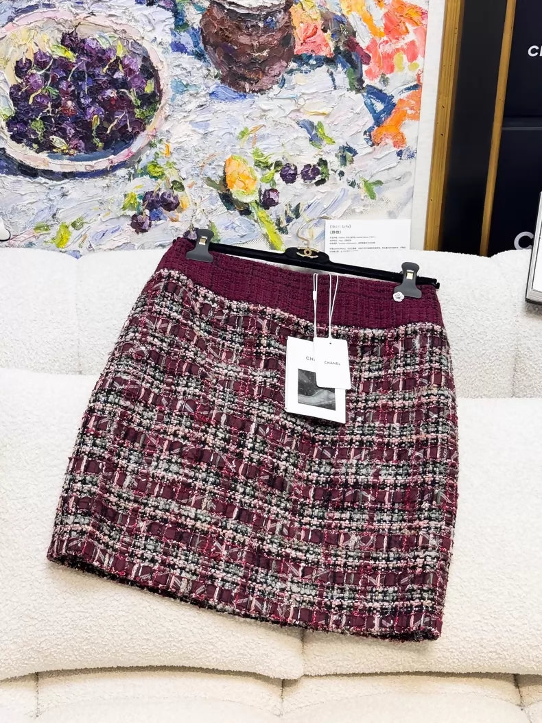 Chanel 23k Burgundy Wool Tweed Turtleneck Jacket with skirt set