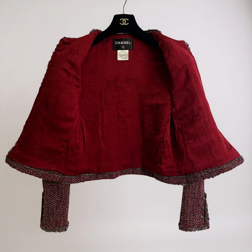 CHANEL 08A BURGUNDY GREY BRAIDED TRIM TWEED JACKET BLAZER FR 38
