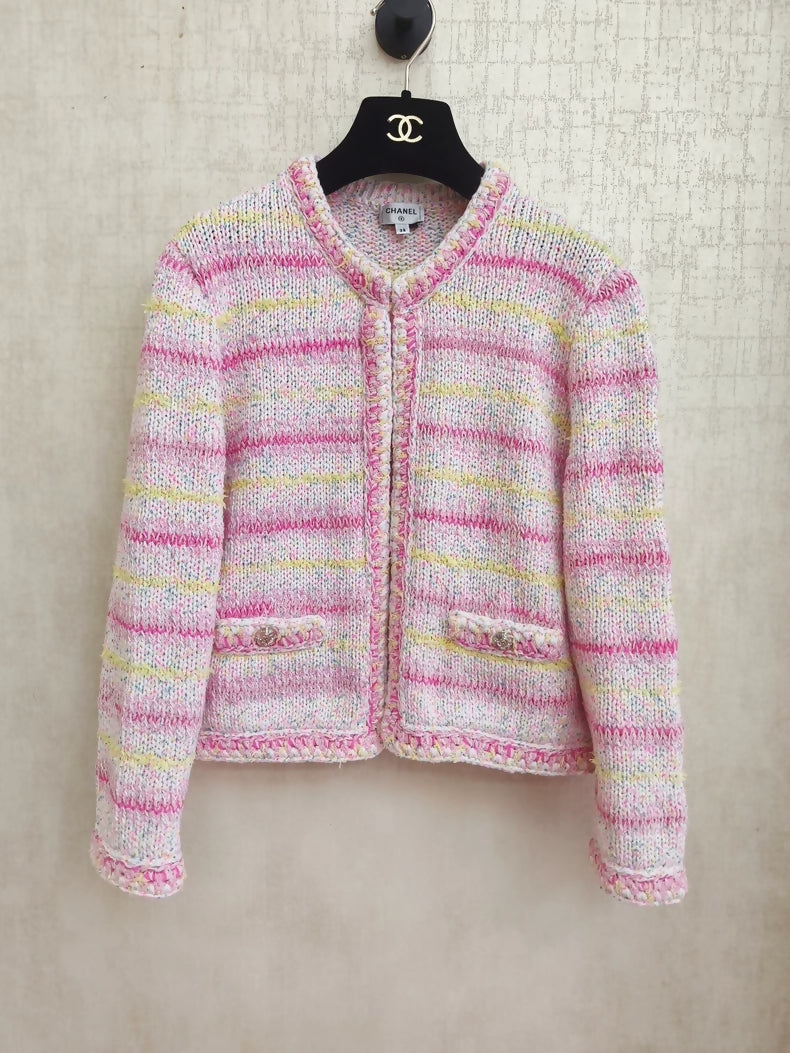 Chanel 24C mixed-color striped heart-patterned knit cardigan