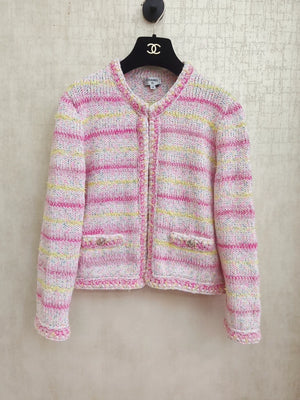 Chanel 24C mixed-color striped heart-patterned knit cardigan