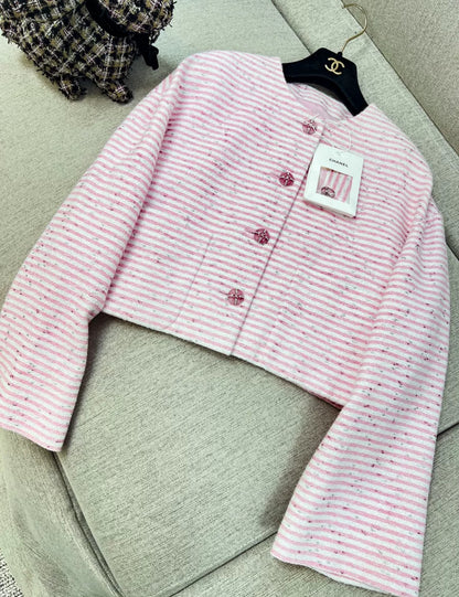 Chanel 24C pink and white striped glitter jacket