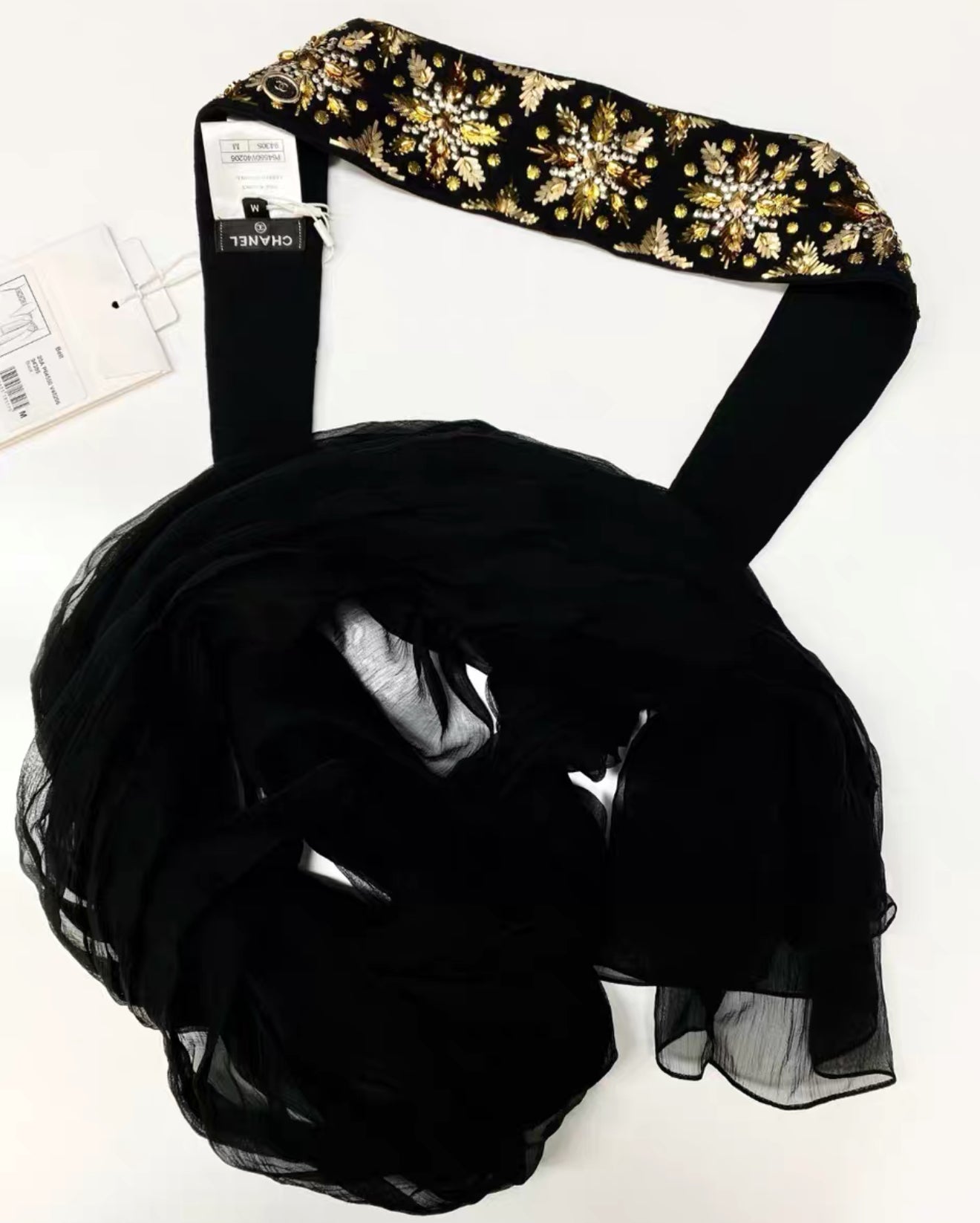 Chanel 20A Black Embroidered Silk Muslin Belt