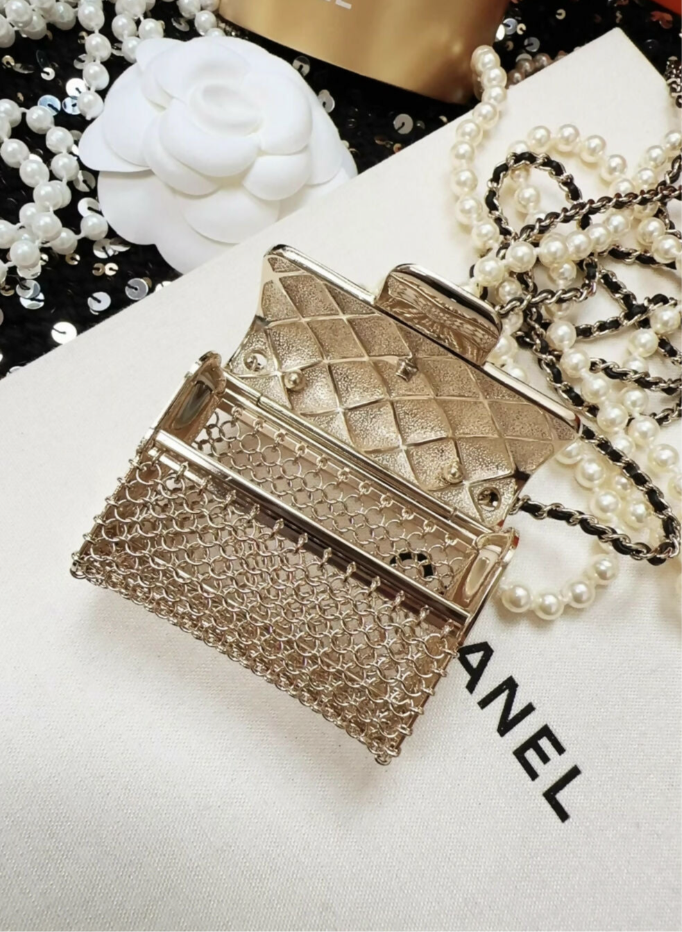 Chanel 21SS Silver Metal, Black Leather, and Imitation Pearl