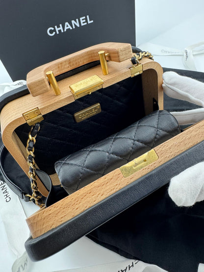 Chanel 2022 Beech Wood and Black Lambskin CC Vanity Case Brushed Gold Hardware