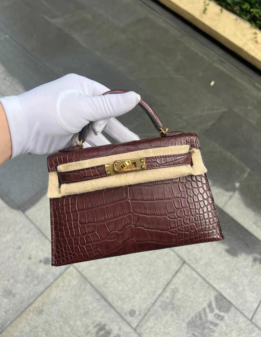 Hermes mini Kelly Havane Matte crocodile Leather Gold Hardware