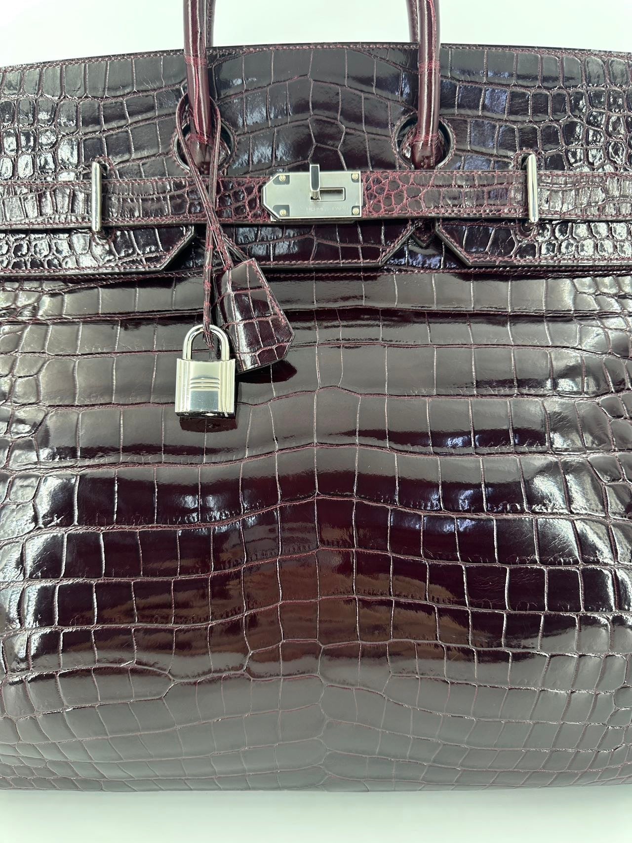 Hermes Birkin HAC 50 Bordeaux Shiny Crocodile leather palladium hardware