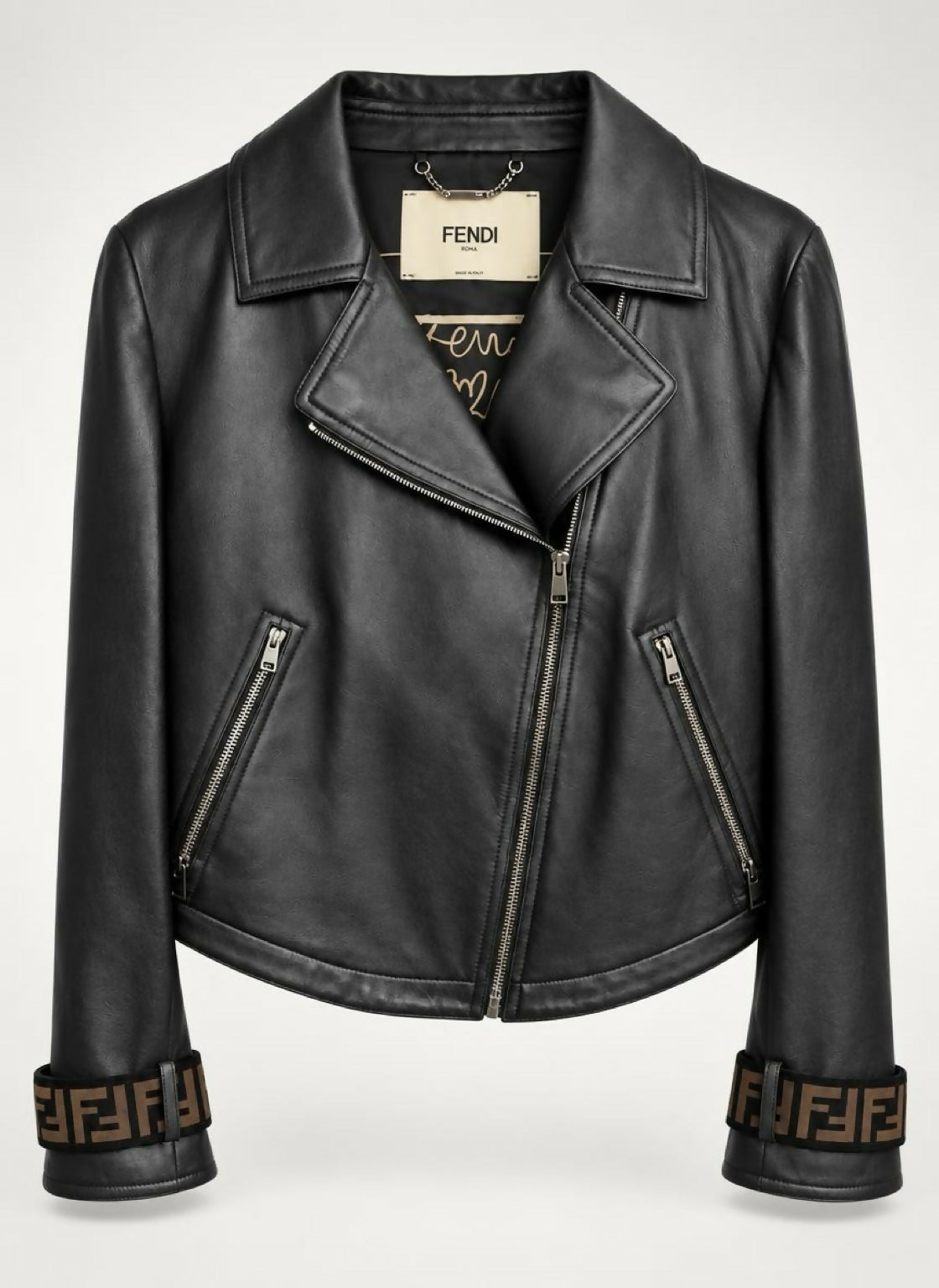 Fendi Black Leather Zucca Velvet Trim Biker Jacket