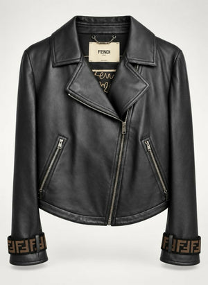 Fendi Black Leather Zucca Velvet Trim Biker Jacket