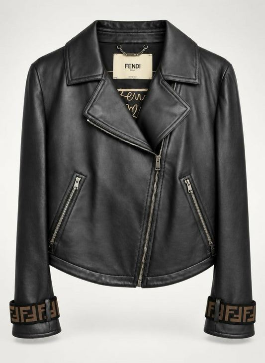 Fendi Black Leather Zucca Velvet Trim Biker Jacket