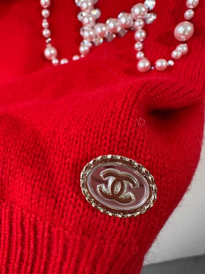 Chanel 21S Orange-Red Rhinestone Pearl Letter Link Knit Top Pullover Sweater