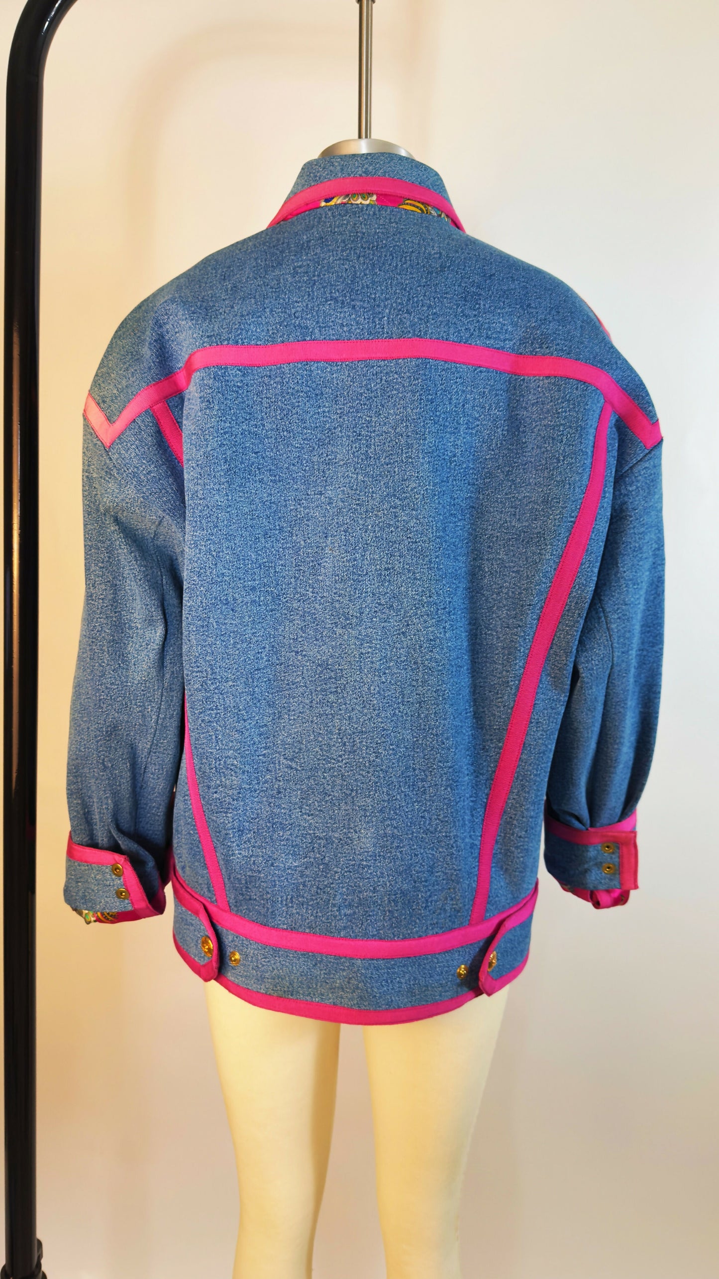 Chanel Vintage 1991 Runway Denim Jacket with Pink Trim and Gold CC Buttons