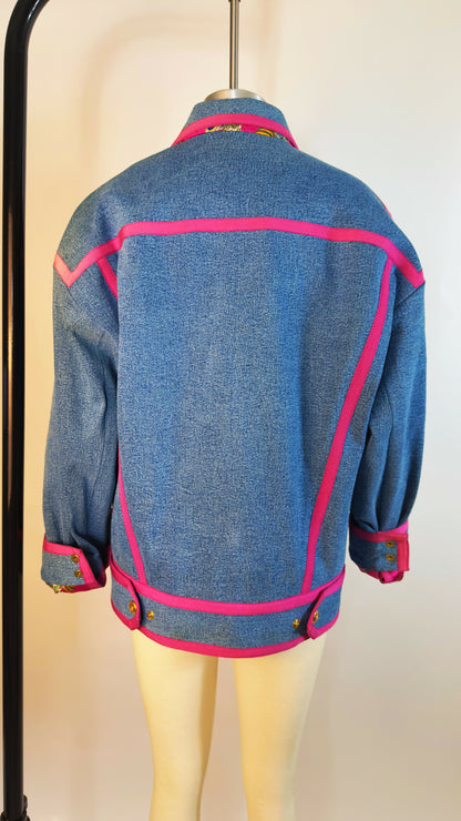 Chanel Vintage 1991 Runway Denim Jacket with Pink Trim and Gold CC Buttons