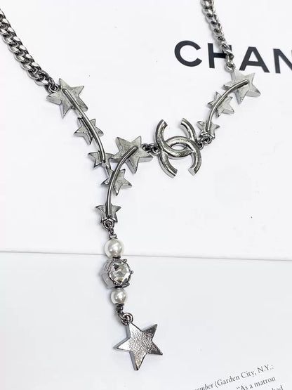 Chanel 21P silver star double C pearl long necklace