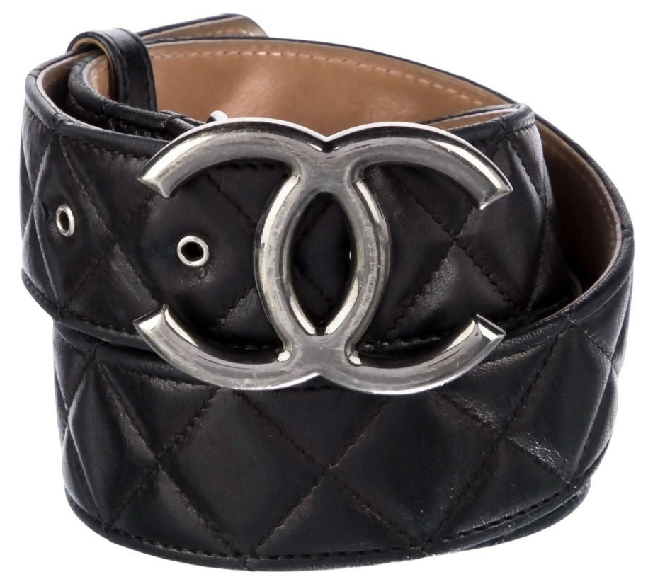 Chanel 10A Black Quilted Lambskin Ruthenium Silver CC Logo Belt 90/36