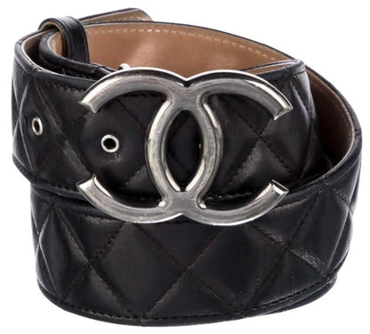 Chanel 10A Black Quilted Lambskin Ruthenium Silver CC Logo Belt 90/36