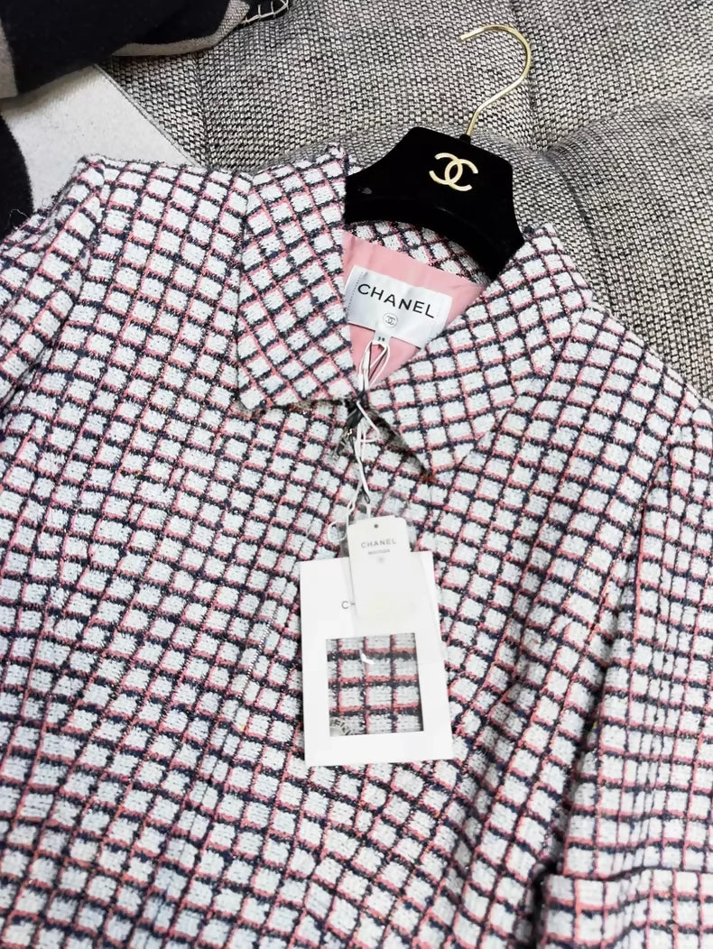 Chanel 19S Red and Blue Check Tie-Waisted Tweed Jacket