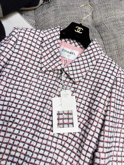 Chanel 19S Red and Blue Check Tie-Waisted Tweed Jacket