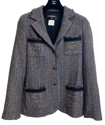 Rare Chanel 08A Runway Tweed Turquoise Blue Multicolor Gold Blazer Jacket FR 36