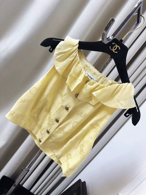 Chanel 22P Chick-yellow logo short silk vest with ruffles