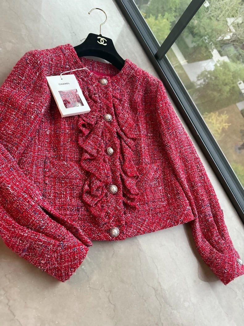 Chanel 19p red ruffled tweed jacket