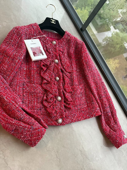 Chanel 19p red ruffled tweed jacket