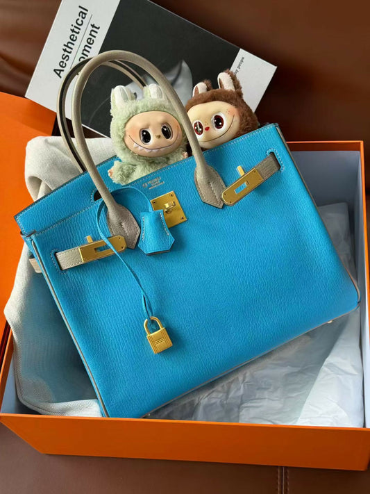 Hermès Birkin 30 Bleu Atoll & Gris Asphalte Chevre Mysore with Brushed Gold Hardware