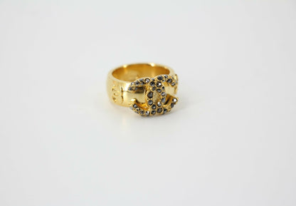 Chanel Vintage Rhinestone Gold-Tone Black CC Logo Ring