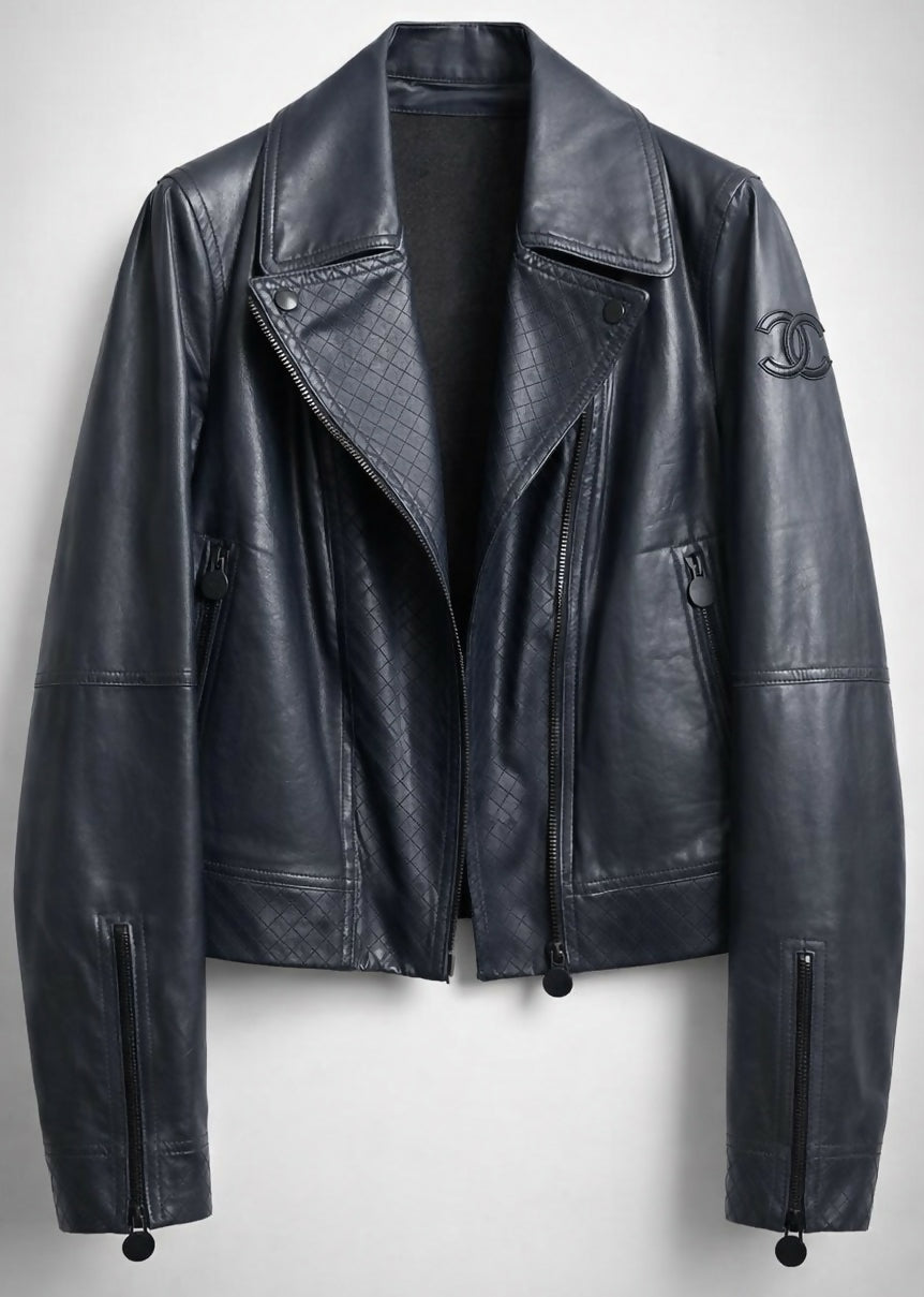 Chanel 12P Dark Blue Petrol Quilted Leather Biker Jacket FR 36