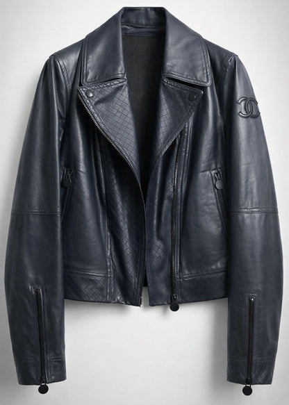 Chanel 12P Dark Blue Petrol Quilted Leather Biker Jacket FR 36