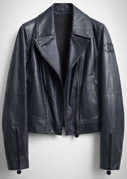 Chanel 12P Dark Blue Petrol Quilted Leather Biker Jacket FR 36