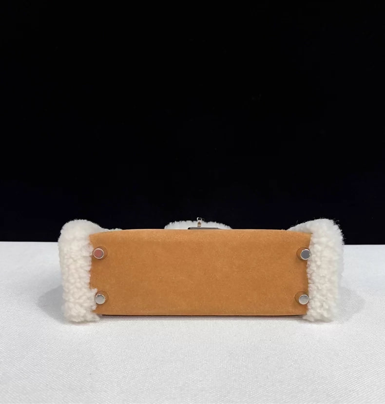 Hermès Teddy Mini Kelly 20 Chamois Grizzly, Alezan Swift and Ecru Mouton Shearling Palladium Hardware