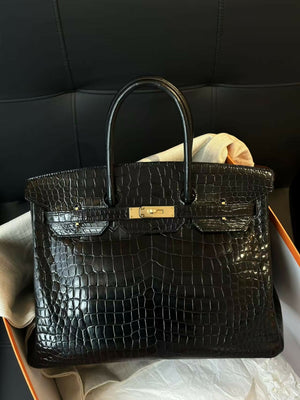 Hermès Birkin 35 Noir Shiny Porosus Crocodile with Gold Hardware
