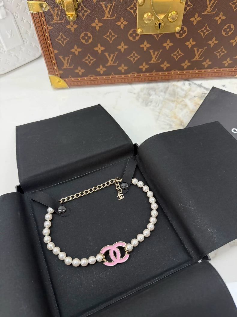 Chanel 25p pearl pink double C enamel necklace choker