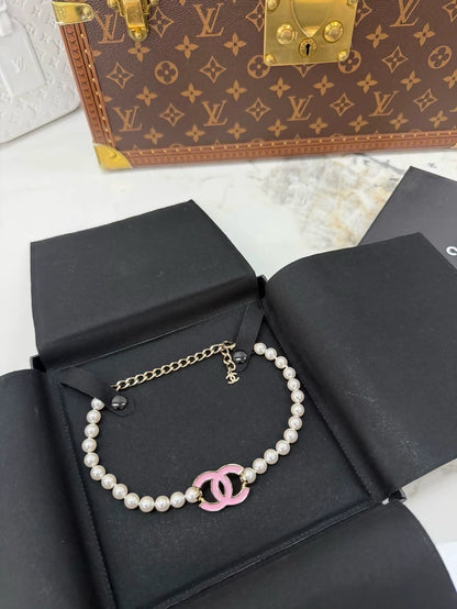 Chanel 25p pearl pink double C enamel necklace choker