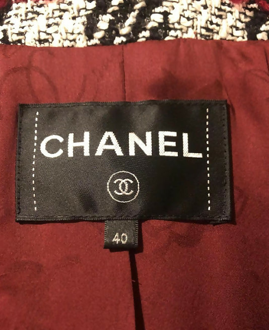 Chanel 16A Runway Burgundy Plaid Tweed Fringe Jacket FR 40