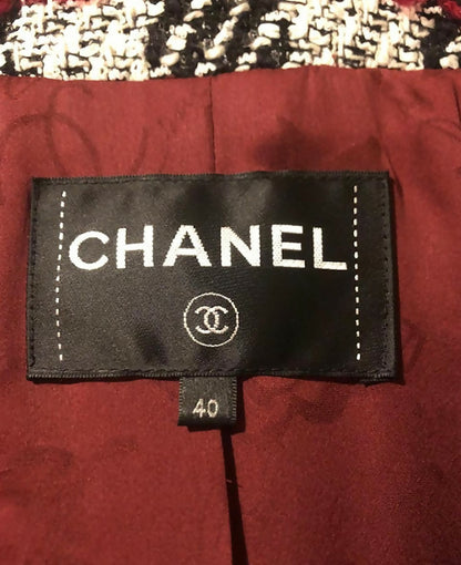 Chanel 16A Runway Burgundy Plaid Tweed Fringe Jacket FR 40